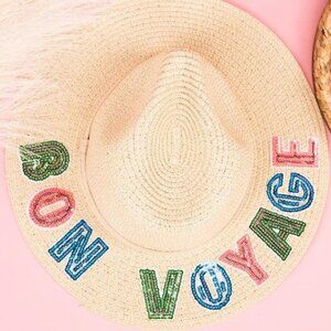 Bon Voyage Sequin Natural Paper Straw Fedora Panama Sun Hat NWT